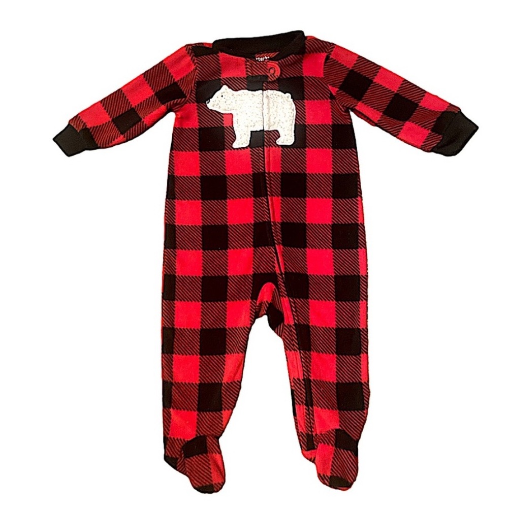 unisex Carter’s red & black plaid footed pajamas | unisex long sleeve footed pjs